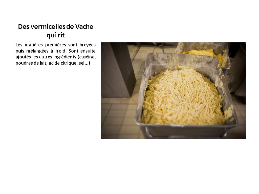 Des vermicelles de Vache qui rit Les matières premières sont broyées puis mélangées à Des vermicelles de Vache qui rit Les matières premières sont broyées puis mélangées à
